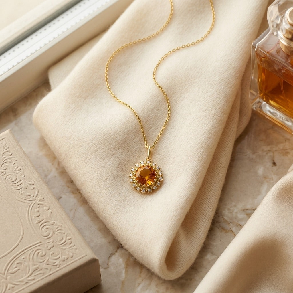 Citrine Yellow Sapphire and Diamond Burst Circle Pendant in 14k Yellow Gold 1/10ctw 16-17-18 Inch Adjustable Chain — textile flat lay