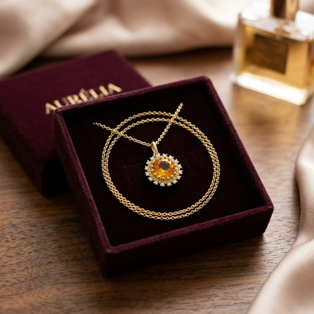 Citrine Yellow Sapphire and Diamond Burst Circle Pendant in 14k Yellow Gold 1/10ctw 16-17-18 Inch Adjustable Chain — velvet box