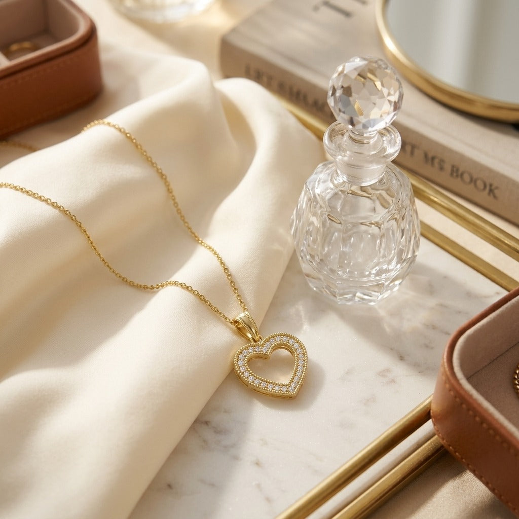 Diamond Open Heart Pendant with High Polished Bail in 14k Yellow Gold 1/6ctw 16-17-18 Inch Adjustable Chain — marble silk
