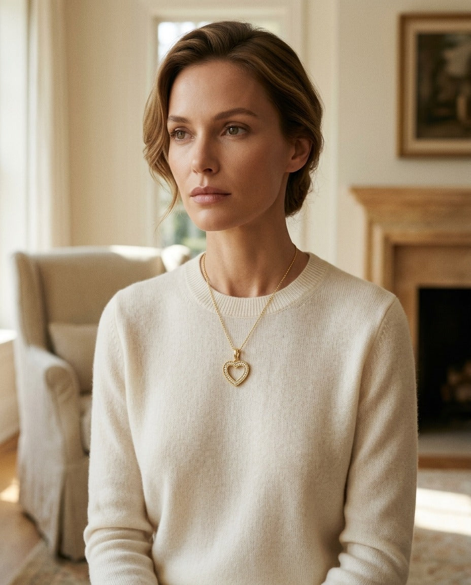 Diamond Open Heart Pendant with High Polished Bail in 14k Yellow Gold 1/6ctw 16-17-18 Inch Adjustable Chain — portrait close