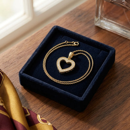 Diamond Open Heart Pendant with High Polished Bail in 14k Yellow Gold 1/6ctw 16-17-18 Inch Adjustable Chain — velvet box