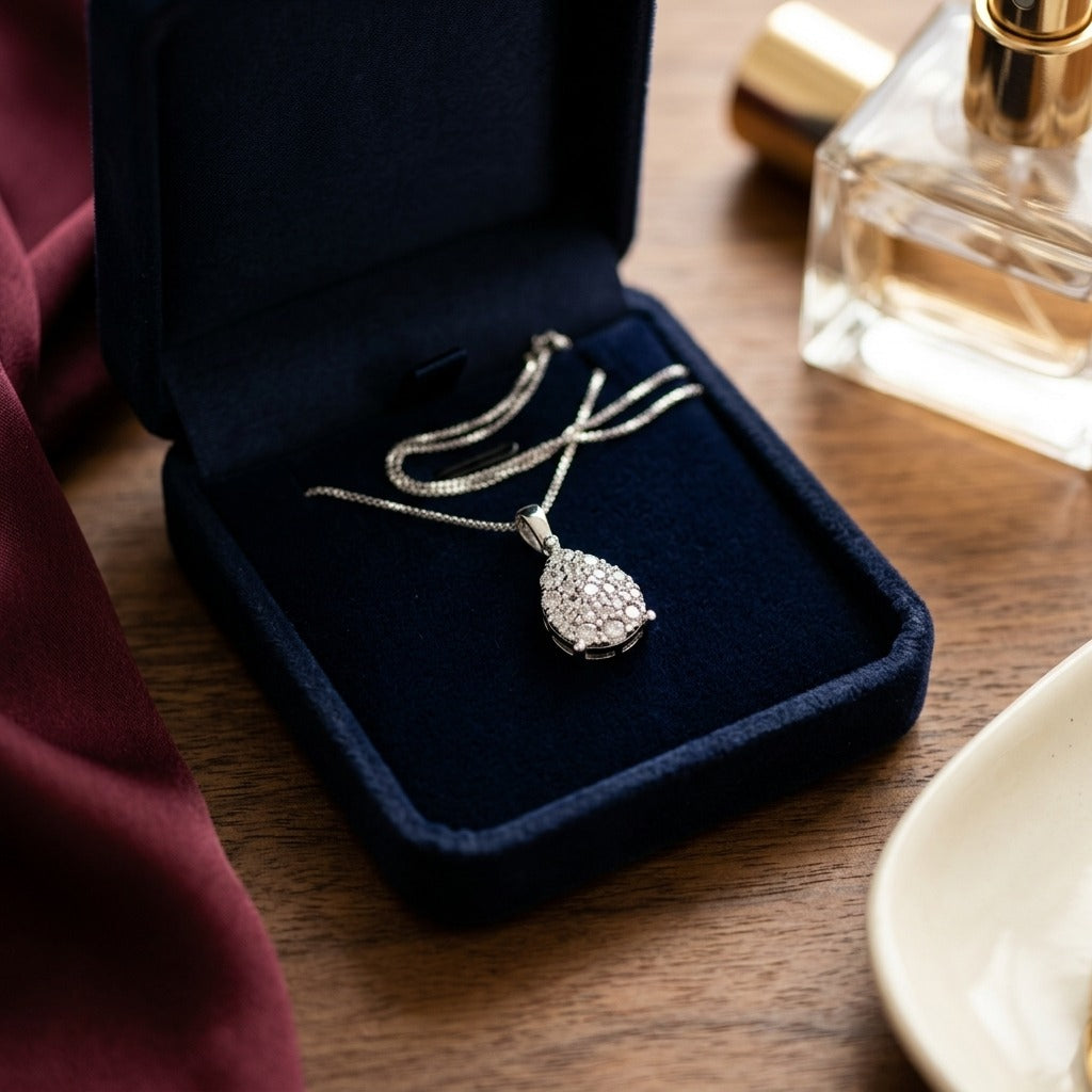 Diamond Pear Shape Cluster Solitaire Pendant in 14k Yellow Gold 3/8ctw with Adjustable Chain 16-17-18 Inch — velvet box