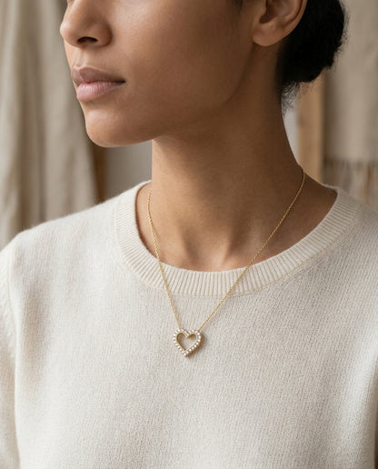 Diamond Open Heart Millgrain Pendant 1/3ctw with Adjustable Chain 16-17-18 Inch in 14K Yellow Gold - lifestyle