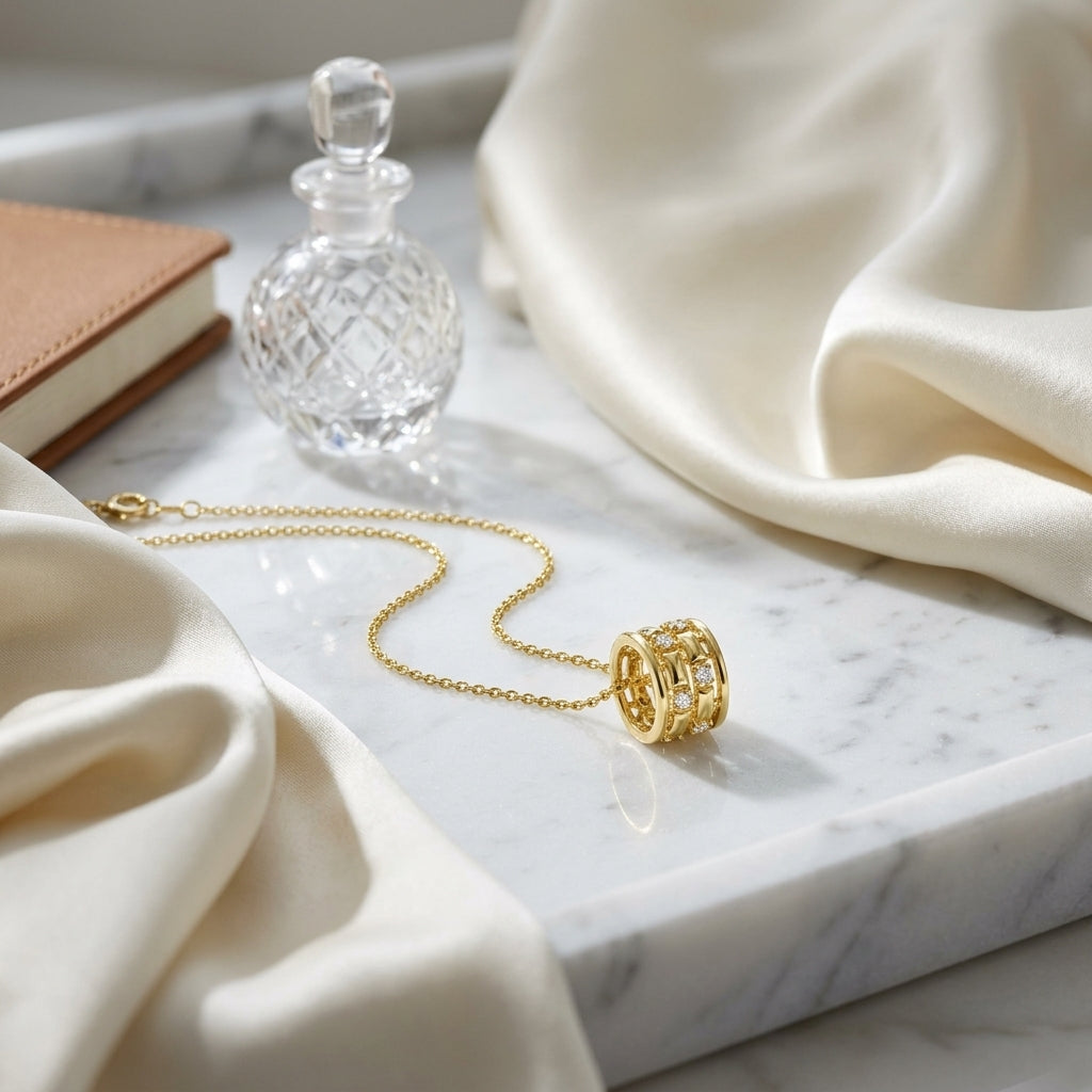 Diamond Barrel Pendant 1/6ctw 18-20 Inch Adj Chain in 14K Yellow Gold - editorial hero