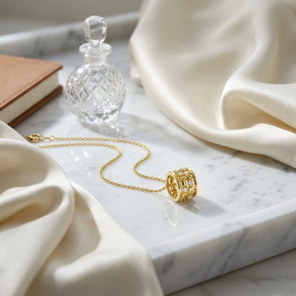 Diamond Barrel Pendant 1/6ctw 18-20 Inch Adj Chain in 14K Yellow Gold - editorial hero