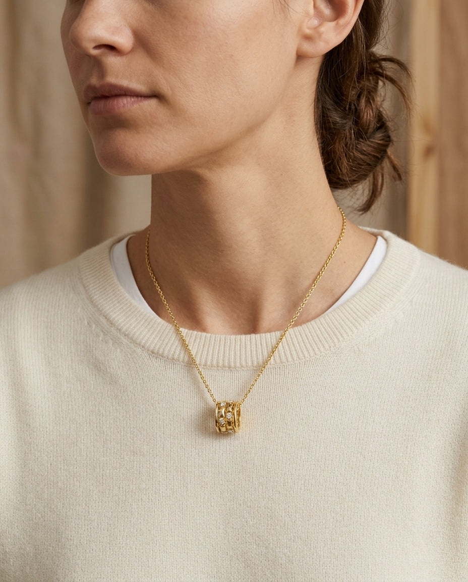 Diamond Barrel Pendant 1/6ctw 18-20 Inch Adj Chain in 14K Yellow Gold - lifestyle