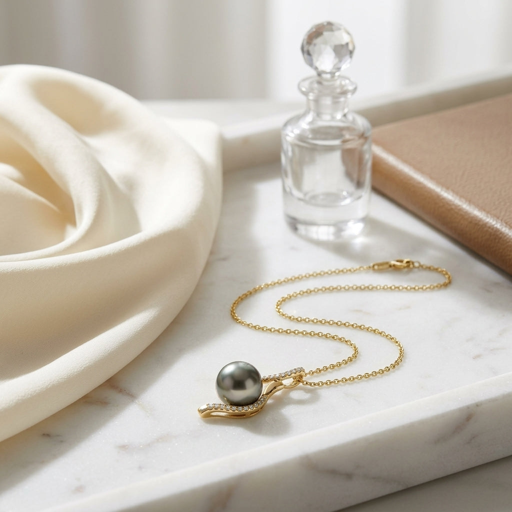 Tahitian Pearl & Diamond Swirl Pendant 1/10ctw 18-in Adj Cable Ch in 14K Yellow Gold - lifestyle