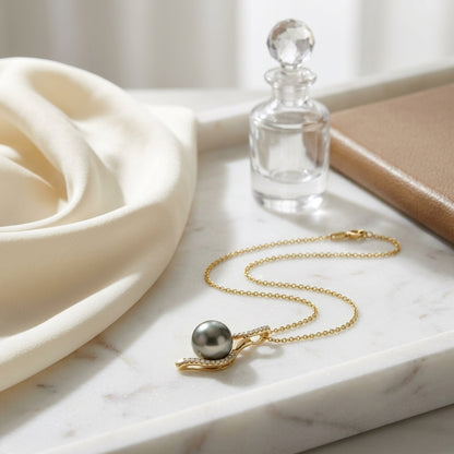 Tahitian Pearl & Diamond Swirl Pendant 1/10ctw 18-in Adj Cable Ch in 14K Yellow Gold - lifestyle
