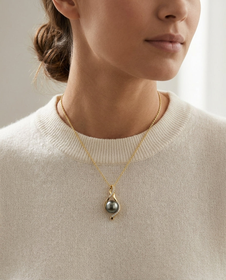 Tahitian Pearl & Diamond Swirl Pendant 1/10ctw 18-in Adj Cable Ch in 14K Yellow Gold - editorial hero