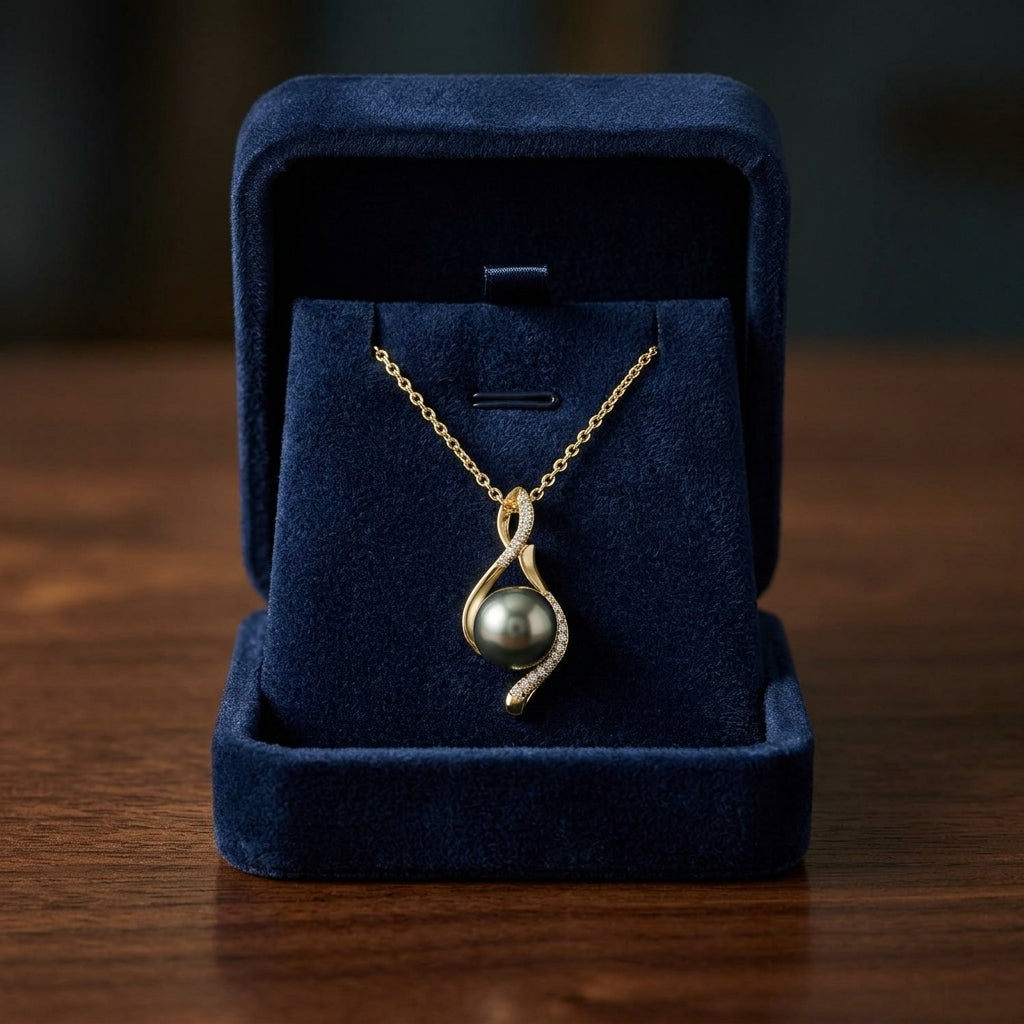 Tahitian Pearl & Diamond Swirl Pendant 1/10ctw 18-in Adj Cable Ch in 14K Yellow Gold - presentation