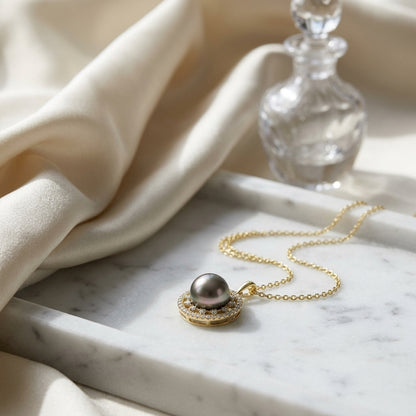 Tahitian Pearl & Diamond Dangle Halo Pendant 1/4ctw 18-in Adj Cable Ch in 14K Yellow Gold - editorial hero