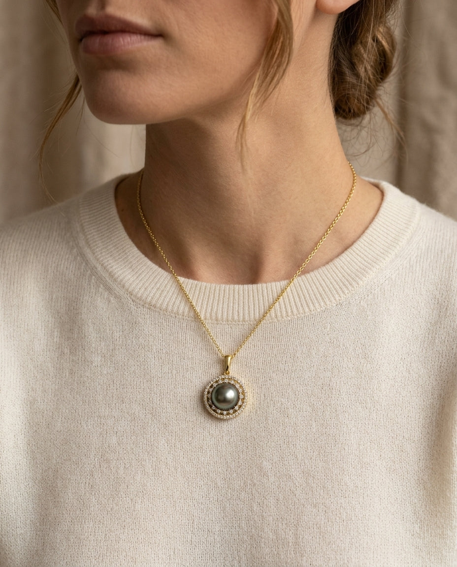 Tahitian Pearl & Diamond Dangle Halo Pendant 1/4ctw 18-in Adj Cable Ch in 14K Yellow Gold - lifestyle