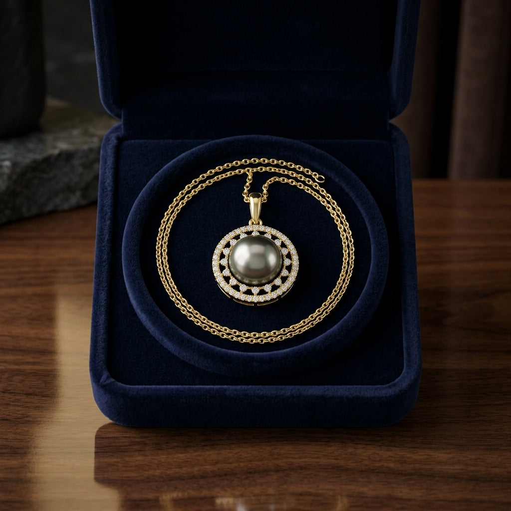 Tahitian Pearl & Diamond Dangle Halo Pendant 1/4ctw 18-in Adj Cable Ch in 14K Yellow Gold - presentation
