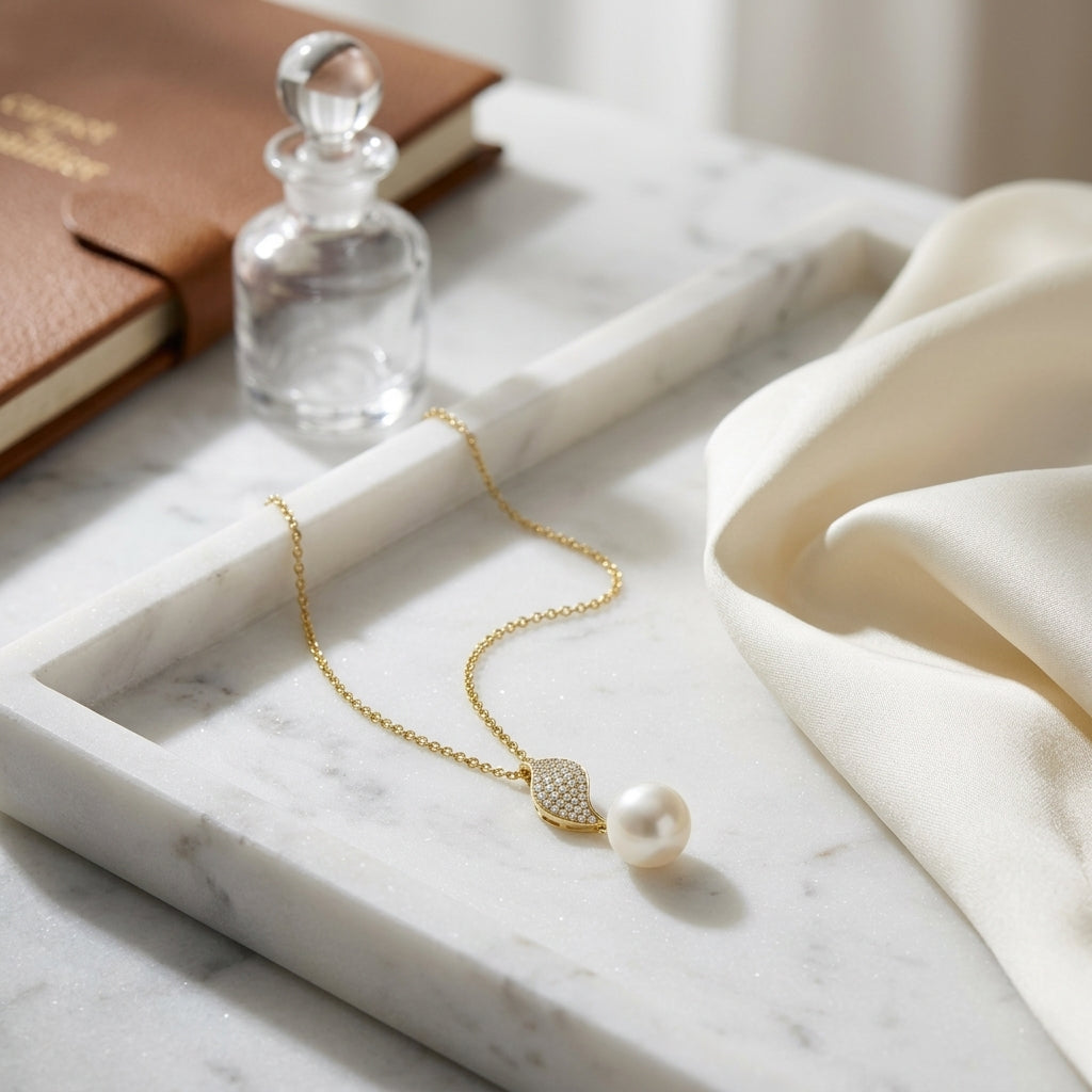 Freshwater Pearl & Diamond Leaf Pendant in 14K Yellow Gold - lifestyle