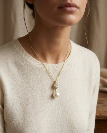 Freshwater Pearl & Diamond Leaf Pendant in 14K Yellow Gold - editorial hero
