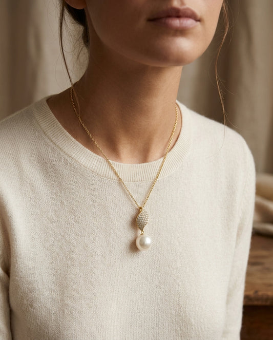 Freshwater Pearl & Diamond Leaf Pendant in 14K Yellow Gold - editorial hero