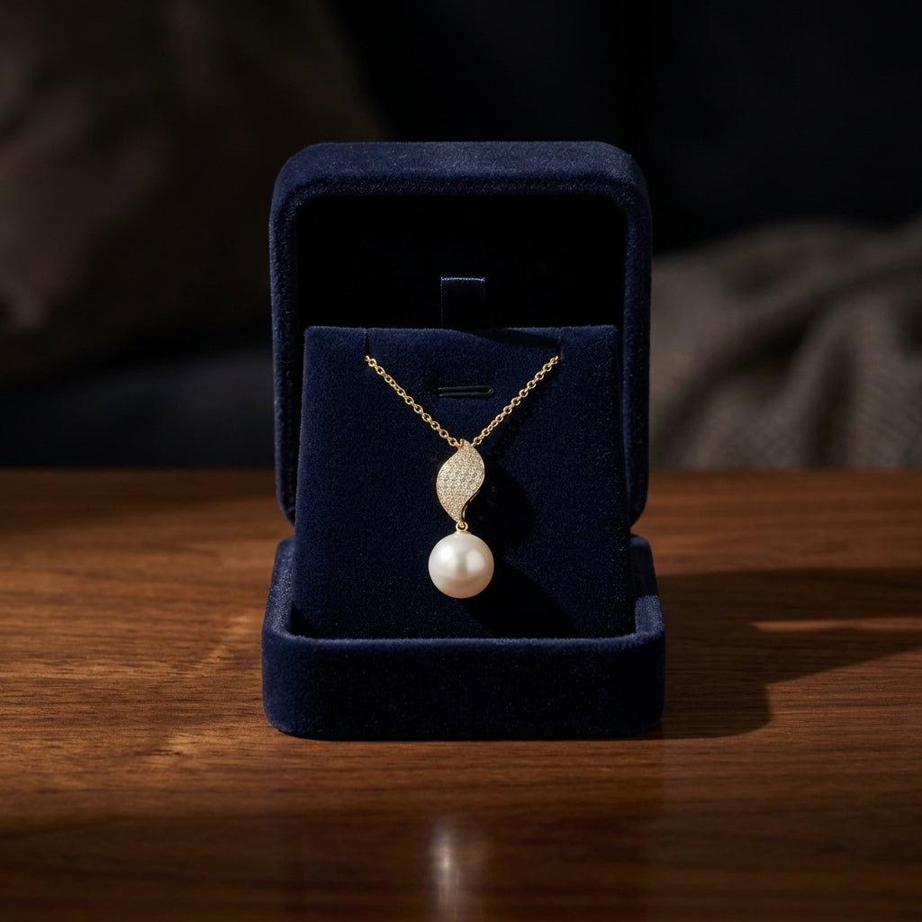 Freshwater Pearl & Diamond Leaf Pendant in 14K Yellow Gold - presentation