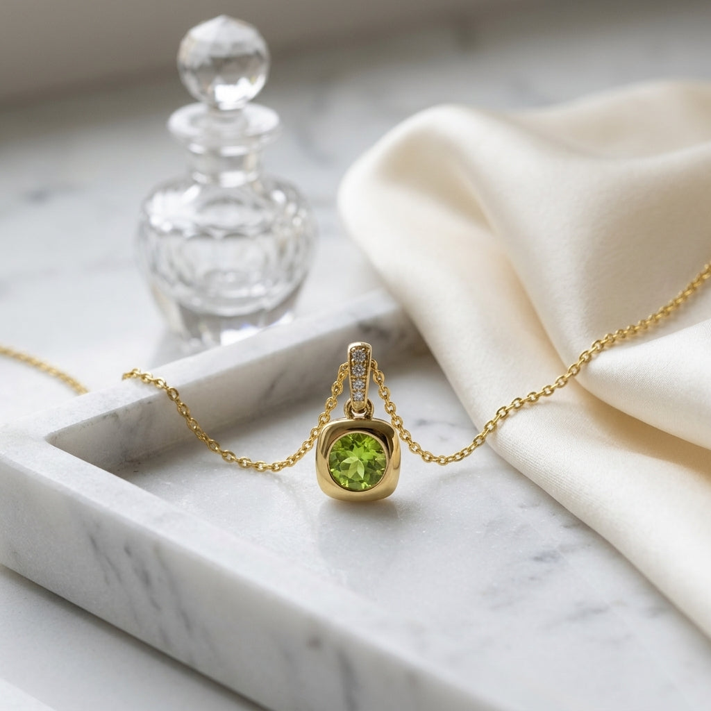 Peridot Round Bezel & Diamond 0.02ctw Pendant Set 16-18 Adj Chain in 14K Yellow Gold - lifestyle