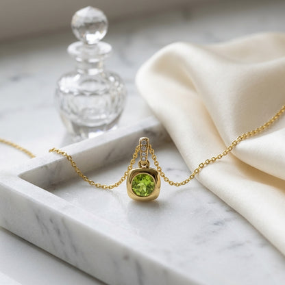 Peridot Round Bezel & Diamond 0.02ctw Pendant Set 16-18 Adj Chain in 14K Yellow Gold - lifestyle