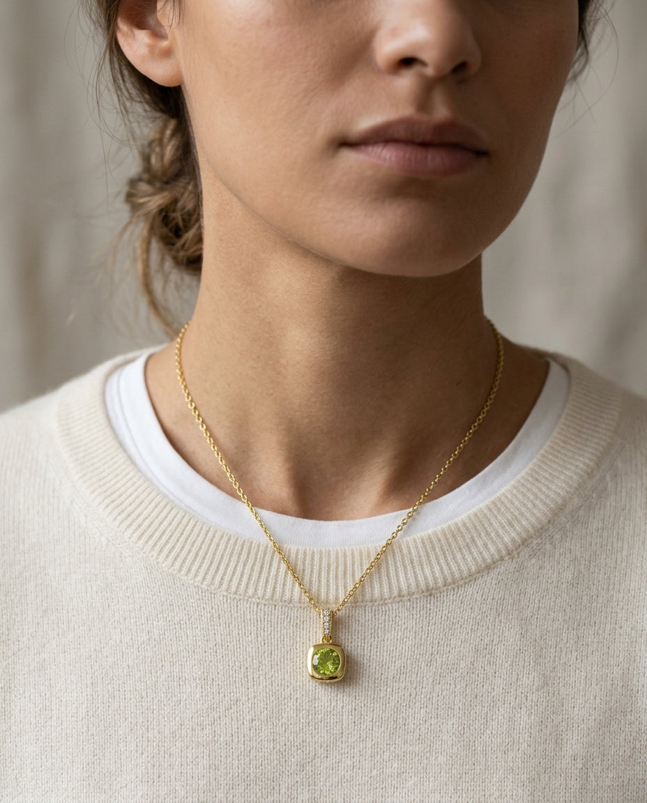 Peridot Round Bezel & Diamond 0.02ctw Pendant Set 16-18 Adj Chain in 14K Yellow Gold - editorial hero