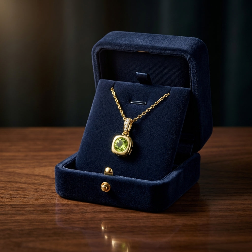Peridot Round Bezel & Diamond 0.02ctw Pendant Set 16-18 Adj Chain in 14K Yellow Gold - presentation