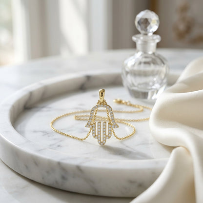 Diamond Pave Hamsa Pendant in 14K Yellow Gold - editorial hero