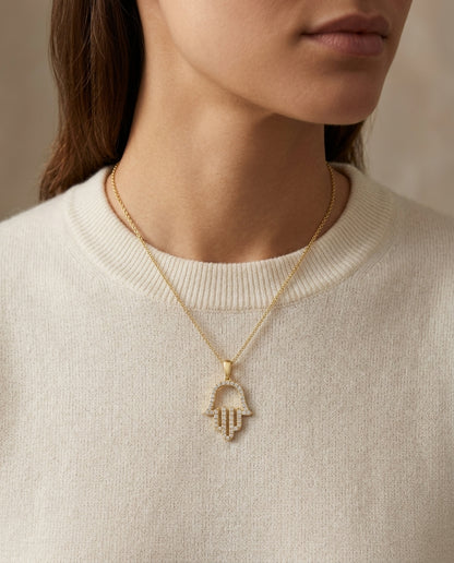 Diamond Pave Hamsa Pendant in 14K Yellow Gold - lifestyle
