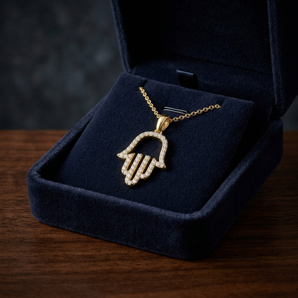 Diamond Pave Hamsa Pendant in 14K Yellow Gold - presentation