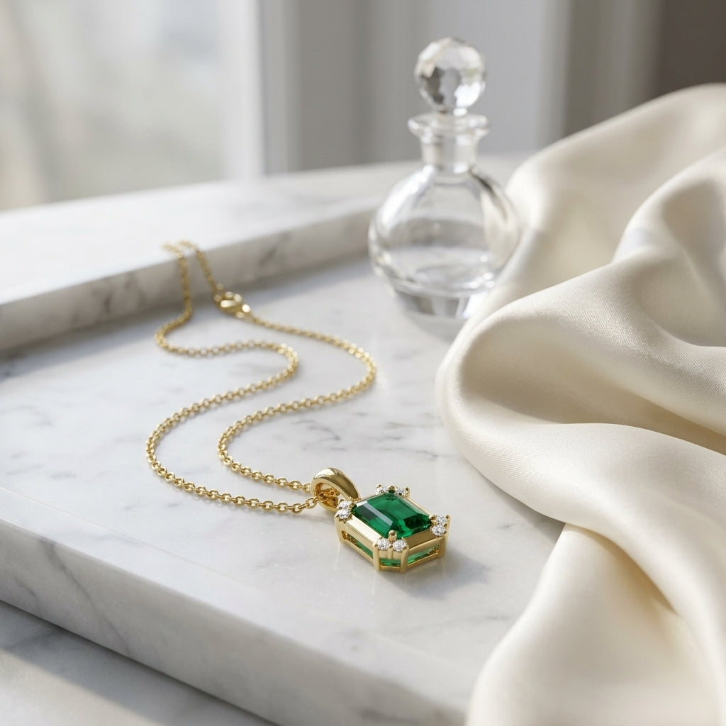 Created Emerald & Diamond Pendant 1/10ctw, 16-18 Adj Chain in 14K Yellow Gold - lifestyle