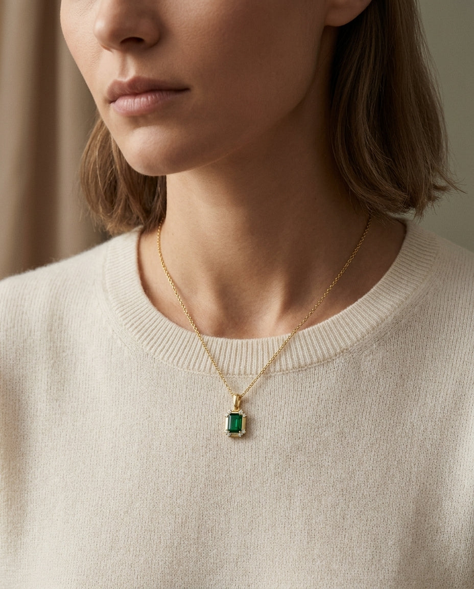 Created Emerald & Diamond Pendant 1/10ctw, 16-18 Adj Chain in 14K Yellow Gold - editorial hero