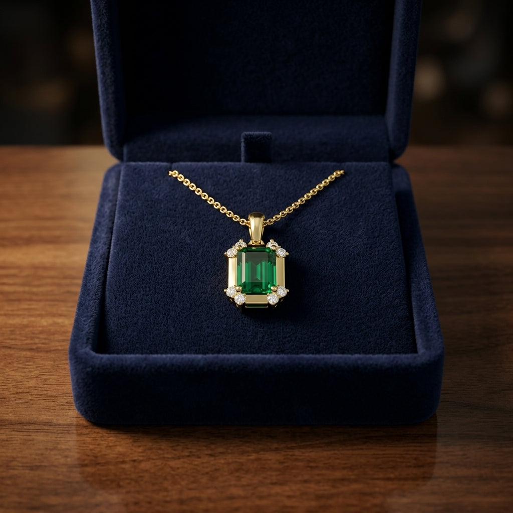 Created Emerald & Diamond Pendant 1/10ctw, 16-18 Adj Chain in 14K Yellow Gold - presentation