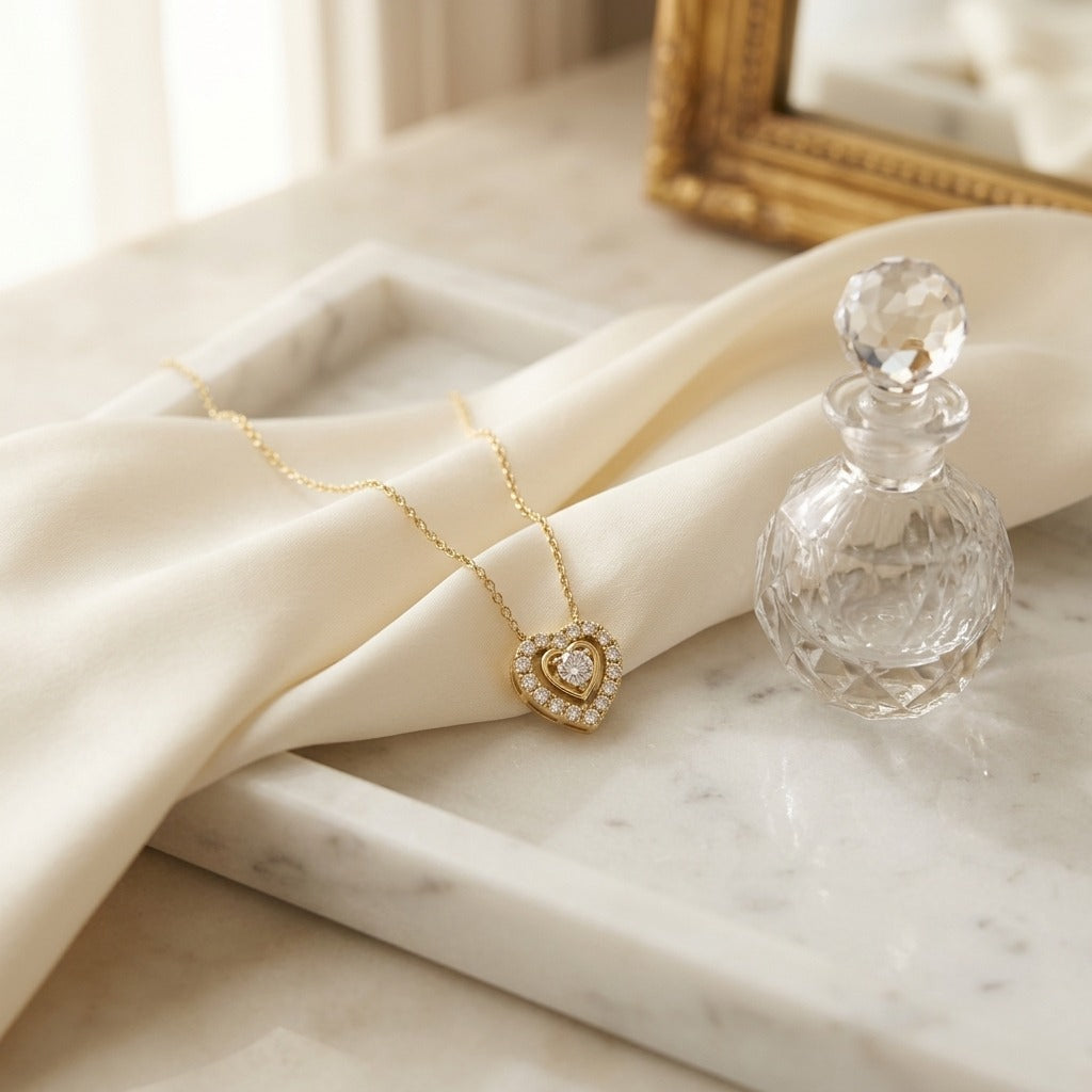 Diamond Heart Pendant in 14k Yellow Gold 3/8ctw 16-18 Inch Adjustable Cable Chain — marble silk
