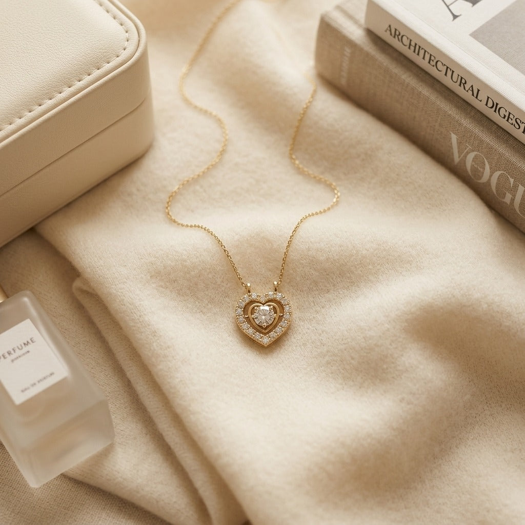 Diamond Heart Pendant in 14k Yellow Gold 3/8ctw 16-18 Inch Adjustable Cable Chain — textile flat lay