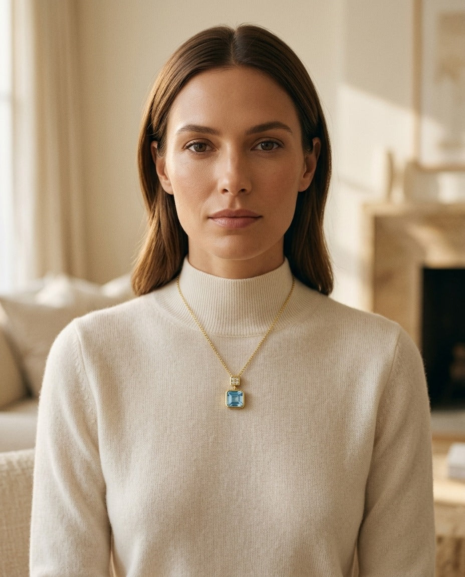 Swiss Blue Topaz Bezel Pendant in 14k White Gold 0.04ctw — portrait close