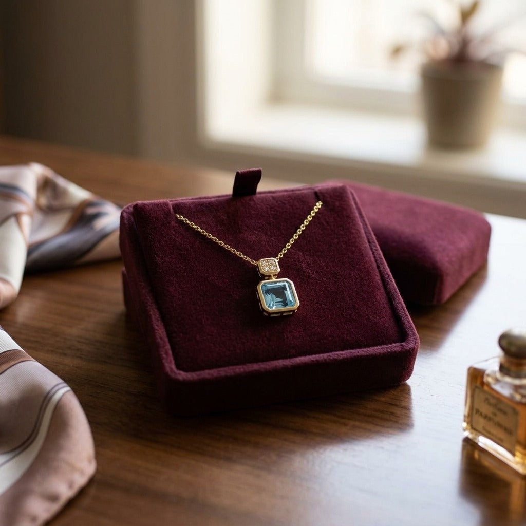Swiss Blue Topaz Bezel Pendant in 14k White Gold 0.04ctw — velvet box