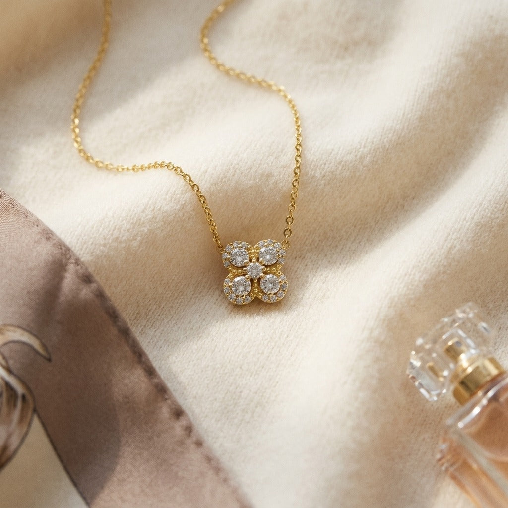 Diamond Clover Pendant in 14k Yellow Gold 1/2ctw — textile flat lay