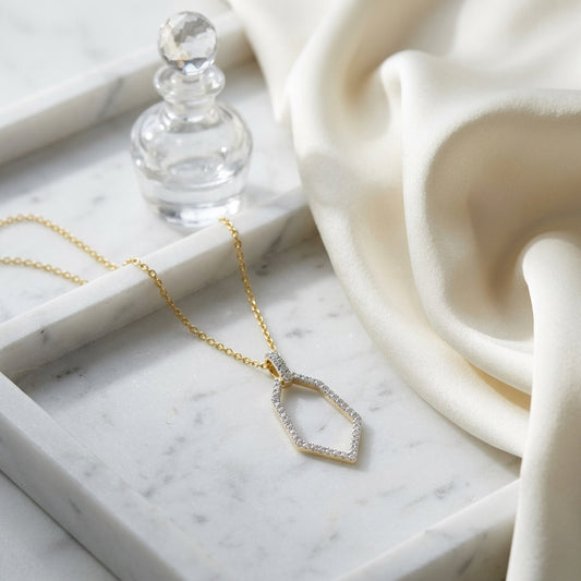 Diamond Open Kite Shield Pendant in 14k Yellow Gold 3/8ctw, 16-18 Inch Adjustable Cable Chain — atelier still life