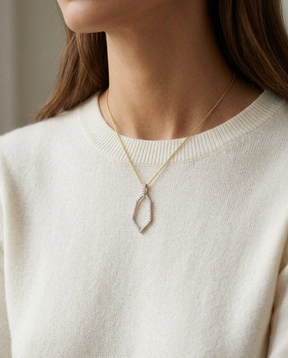 Diamond Open Kite Shield Pendant in 14k Yellow Gold 3/8ctw, 16-18 Inch Adjustable Cable Chain — editorial close-up