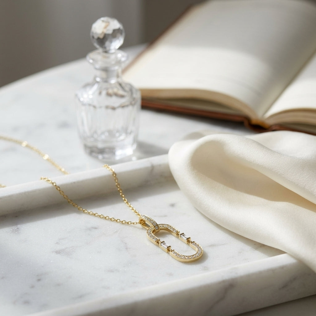 Round and Baguette Diamond Paper Clip Pendant in 14k Yellow Gold 1/3ctw — atelier still life