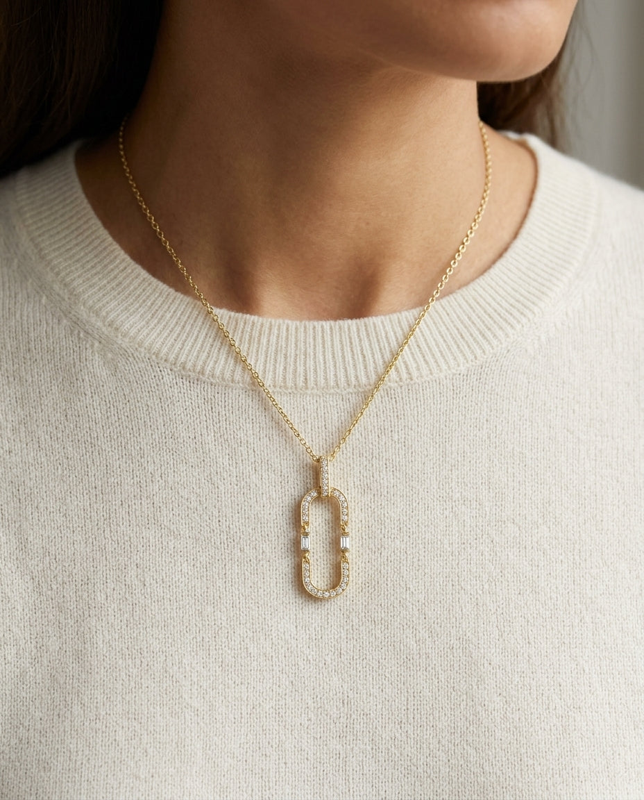 Round and Baguette Diamond Paper Clip Pendant in 14k Yellow Gold 1/3ctw — editorial close-up