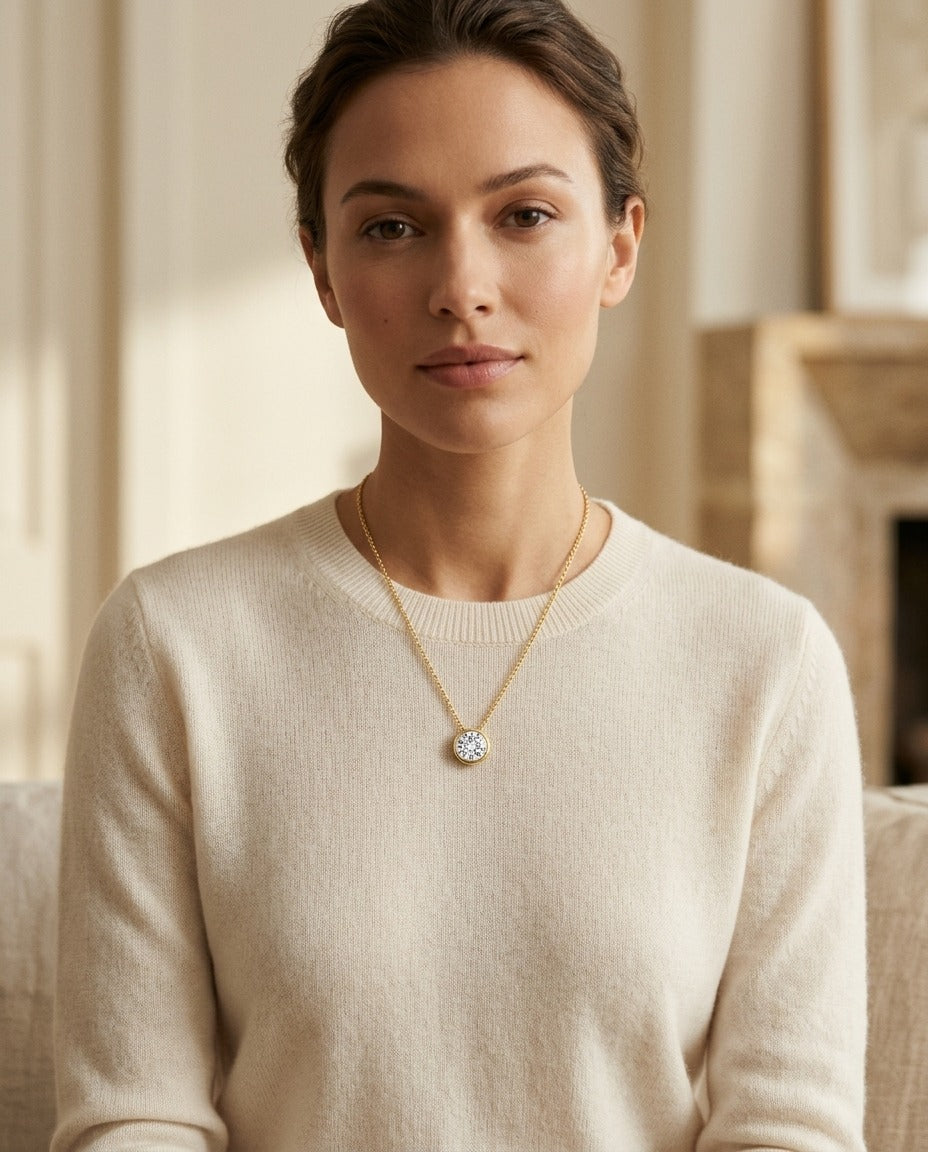 Round (Full Cut) Diamond Solitaire Pendant in a 14k Yellow Gold Bezel Slide Setting, 1ct. T.w. (J, Vs1) Gia with Paper Clip Chain — portrait close