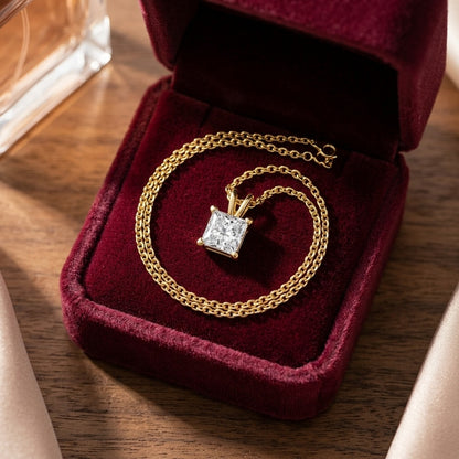 Princess Diamond Solitaire Pendant in a 14k Yellow Gold 4-Prong Basket Setting, 1ct. T.w. (I, Vs2 Igi) — velvet box