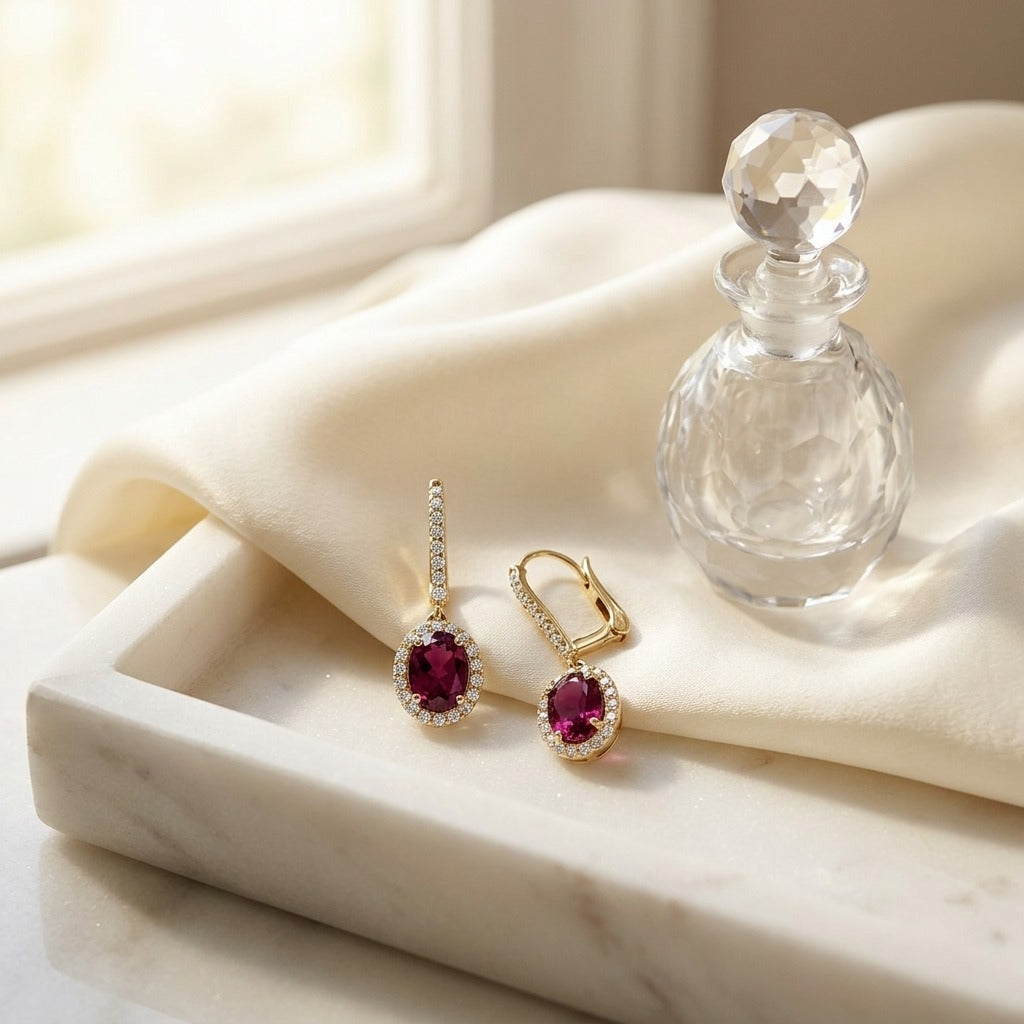 Rhodolite Garnet and Diamond Oval Halo Dangle Earrings with Pave Leverbacks in 14k Yellow Gold (7x5mm) — marble silk
