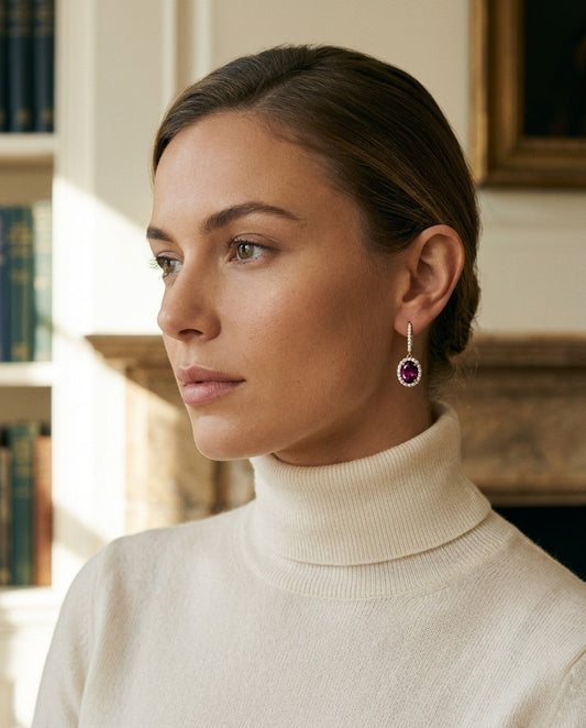 Rhodolite Garnet and Diamond Oval Halo Dangle Earrings with Pave Leverbacks in 14k Yellow Gold (7x5mm) — portrait close