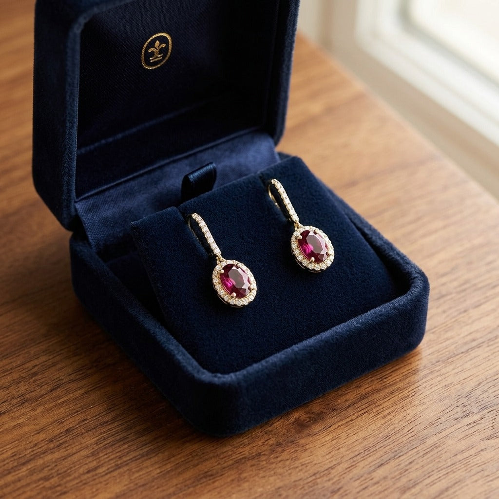 Rhodolite Garnet and Diamond Oval Halo Dangle Earrings with Pave Leverbacks in 14k Yellow Gold (7x5mm) — velvet box