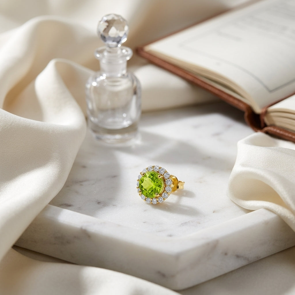 Round Peridot & Diamond Earrings In 14k Yellow Gold — atelier still life