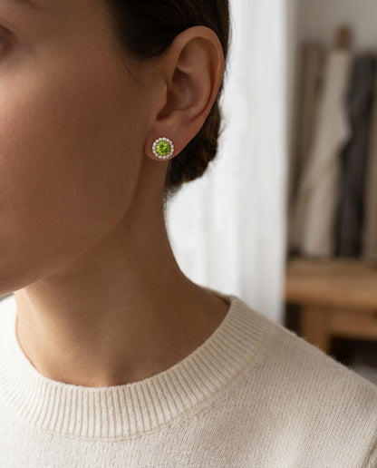 Round Peridot & Diamond Earrings In 14k Yellow Gold — editorial close-up