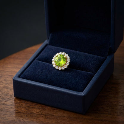 Round Peridot & Diamond Earrings In 14k Yellow Gold — gift presentation