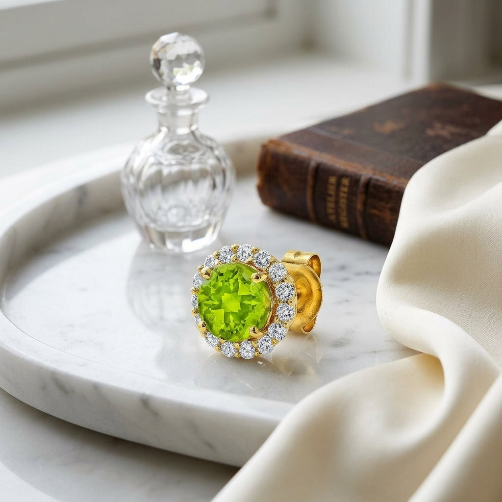Round Peridot & Diamond Earrings In 14k Yellow Gold — atelier still life