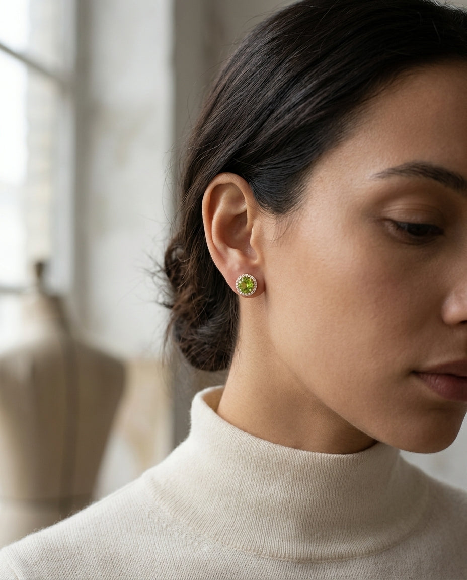 Round Peridot & Diamond Earrings In 14k Yellow Gold — editorial close-up